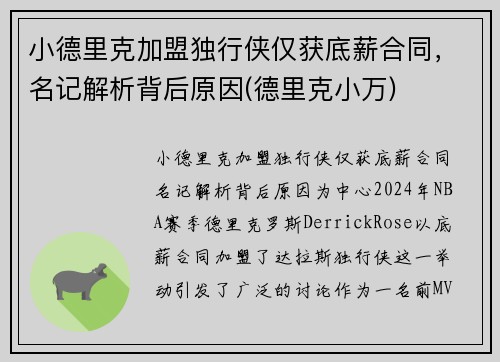 小德里克加盟独行侠仅获底薪合同，名记解析背后原因(德里克小万)