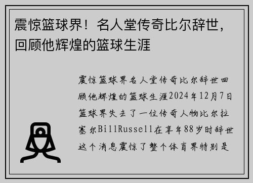 震惊篮球界！名人堂传奇比尔辞世，回顾他辉煌的篮球生涯