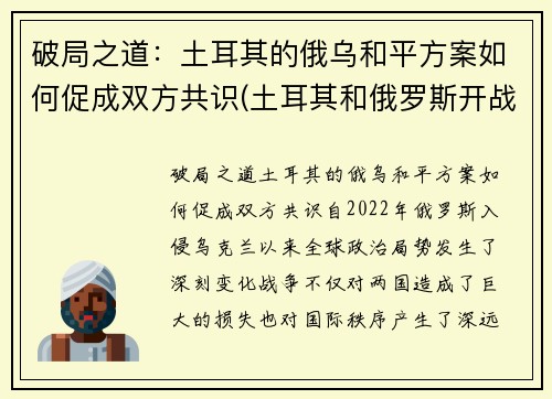 破局之道：土耳其的俄乌和平方案如何促成双方共识(土耳其和俄罗斯开战)