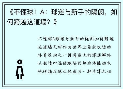 《不懂球！A：球迷与新手的隔阂，如何跨越这道墙？》