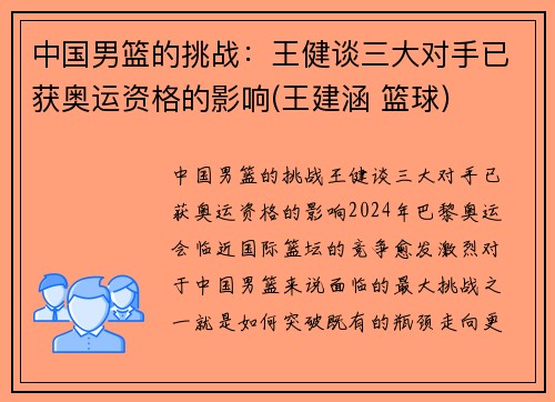 中国男篮的挑战：王健谈三大对手已获奥运资格的影响(王建涵 篮球)