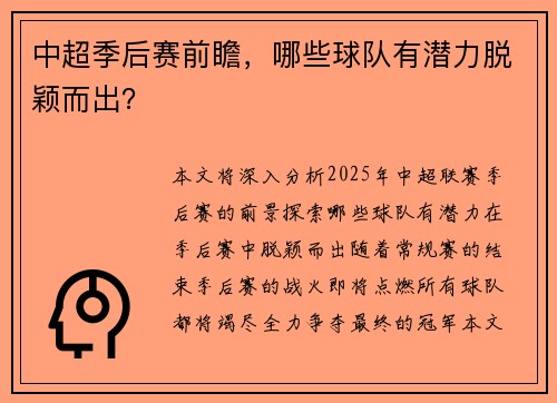 中超季后赛前瞻，哪些球队有潜力脱颖而出？