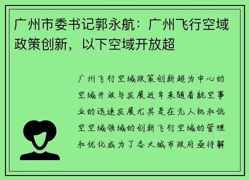 广州市委书记郭永航：广州飞行空域政策创新，以下空域开放超